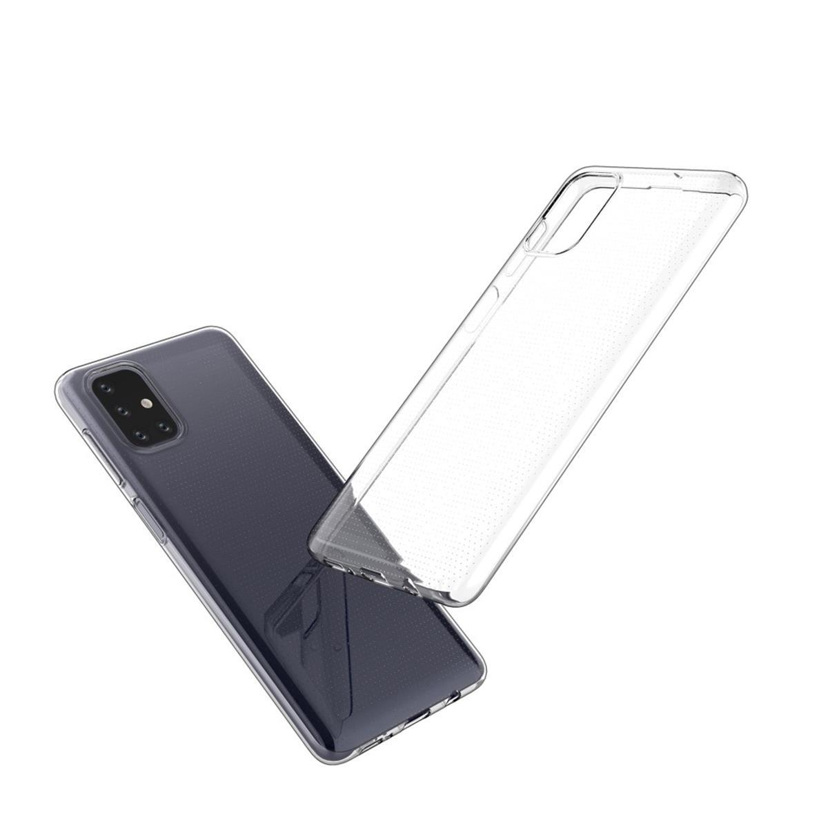 Zwei transparente Handyhüllen vor dunklem Hintergrund. Eine ist auf einem Telefon, die andere separat.