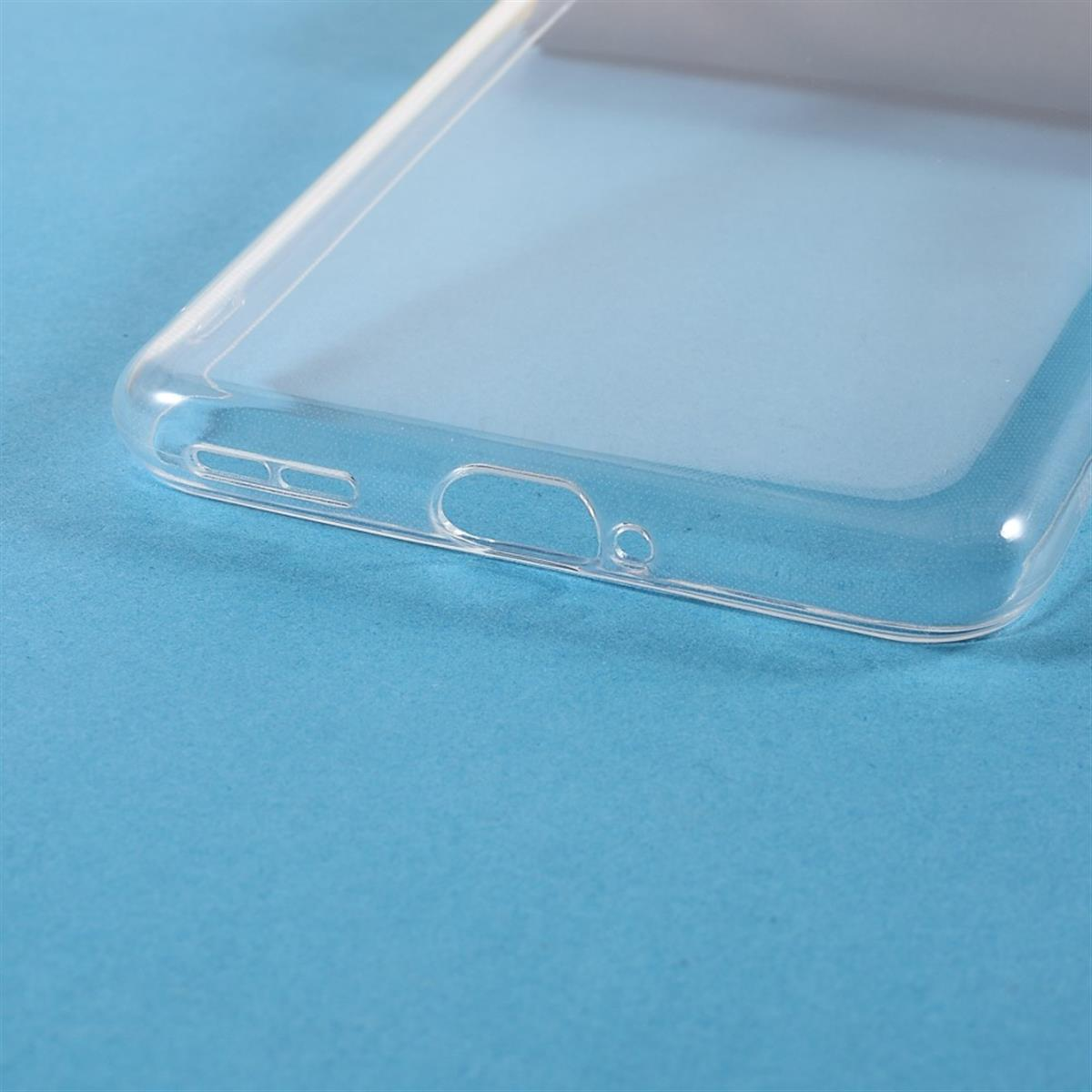 Transparente Handyhülle über einem grünen Smartphone, schräge Ansicht.