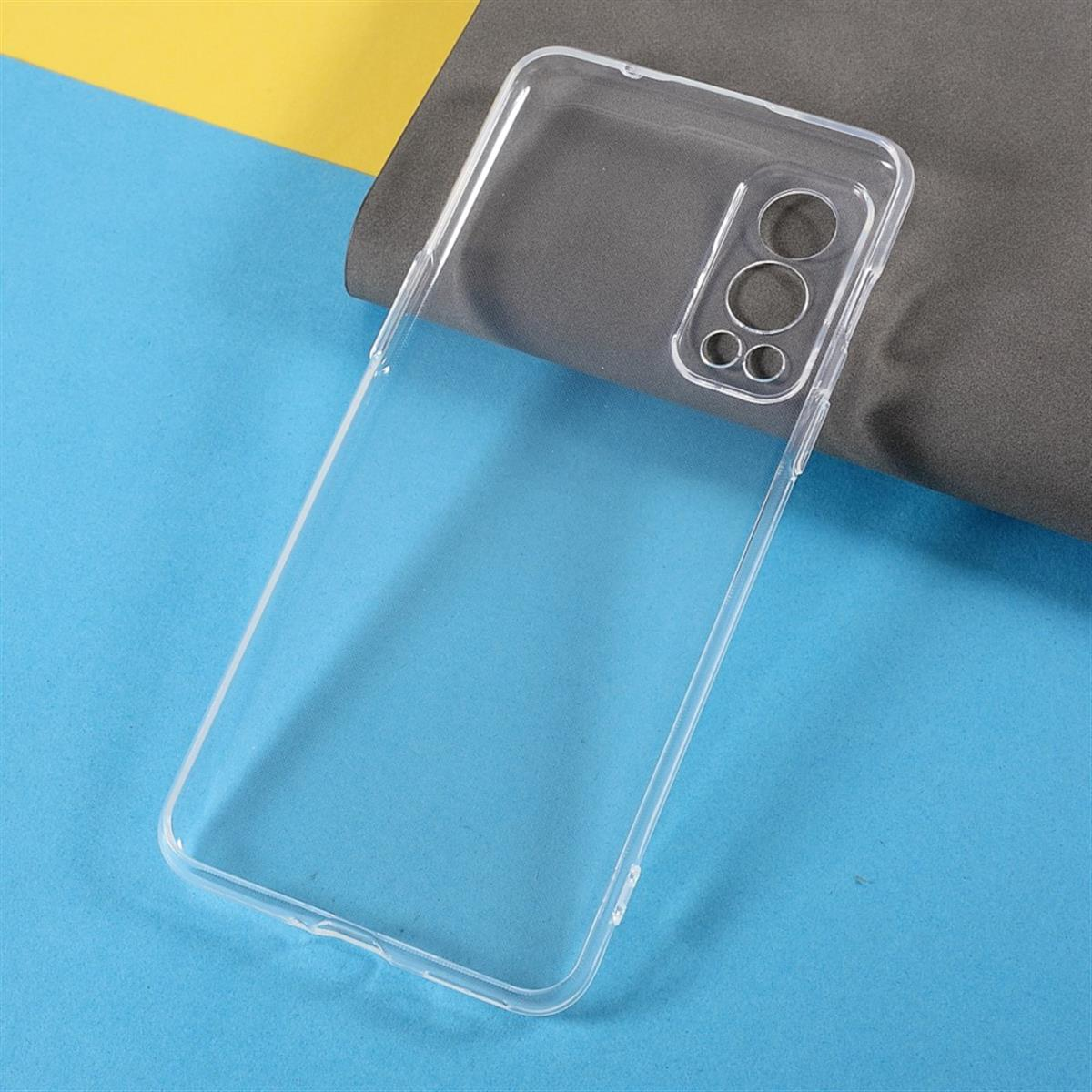 Transparente Handyhülle mit Kameraausschnitten. Sie liegt auf einem blau-gelben Untergrund. Die Hülle ist leer und transparent.