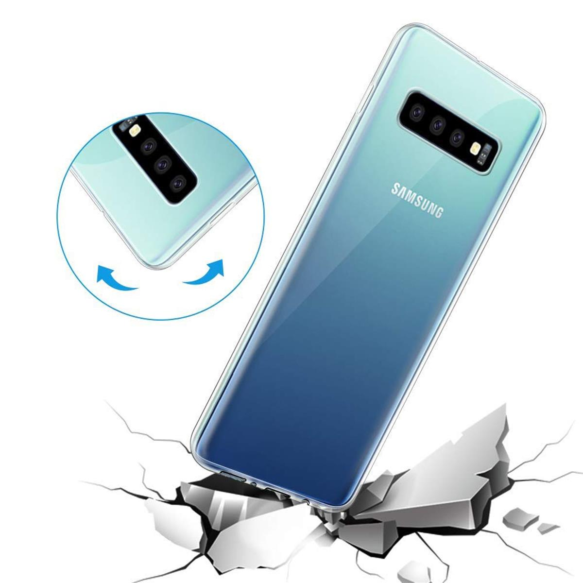 Telefon in einer durchsichtigen Hülle. Das Telefon fällt, im Hintergrund eine zerbrochene Oberfläche.