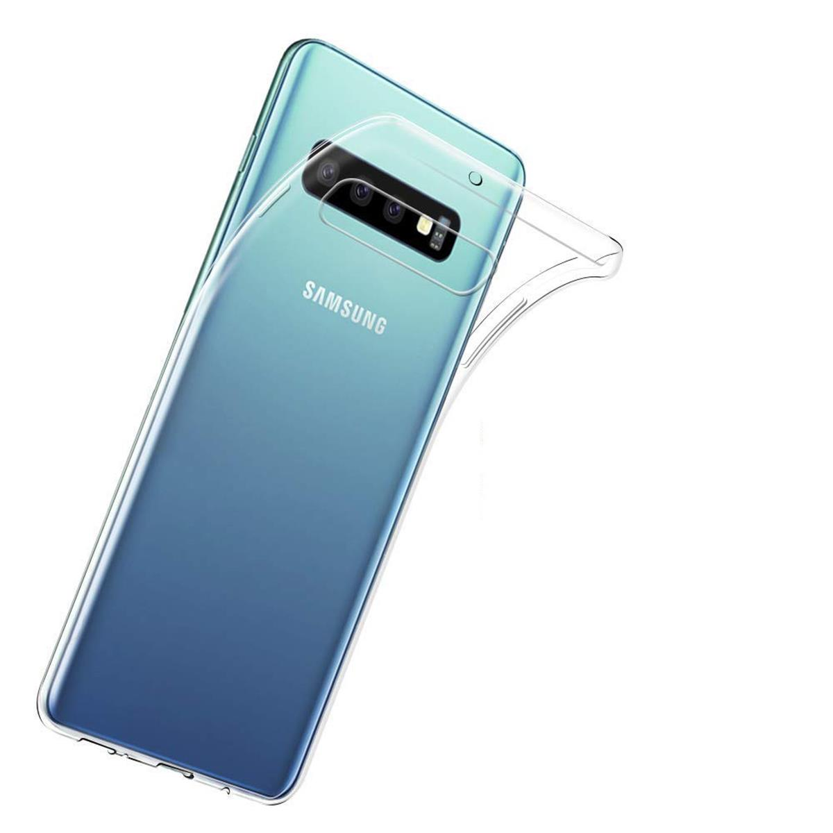 Ein blaues Samsung-Telefon mit einer transparenten Schutzhülle, leicht angewinkelt.