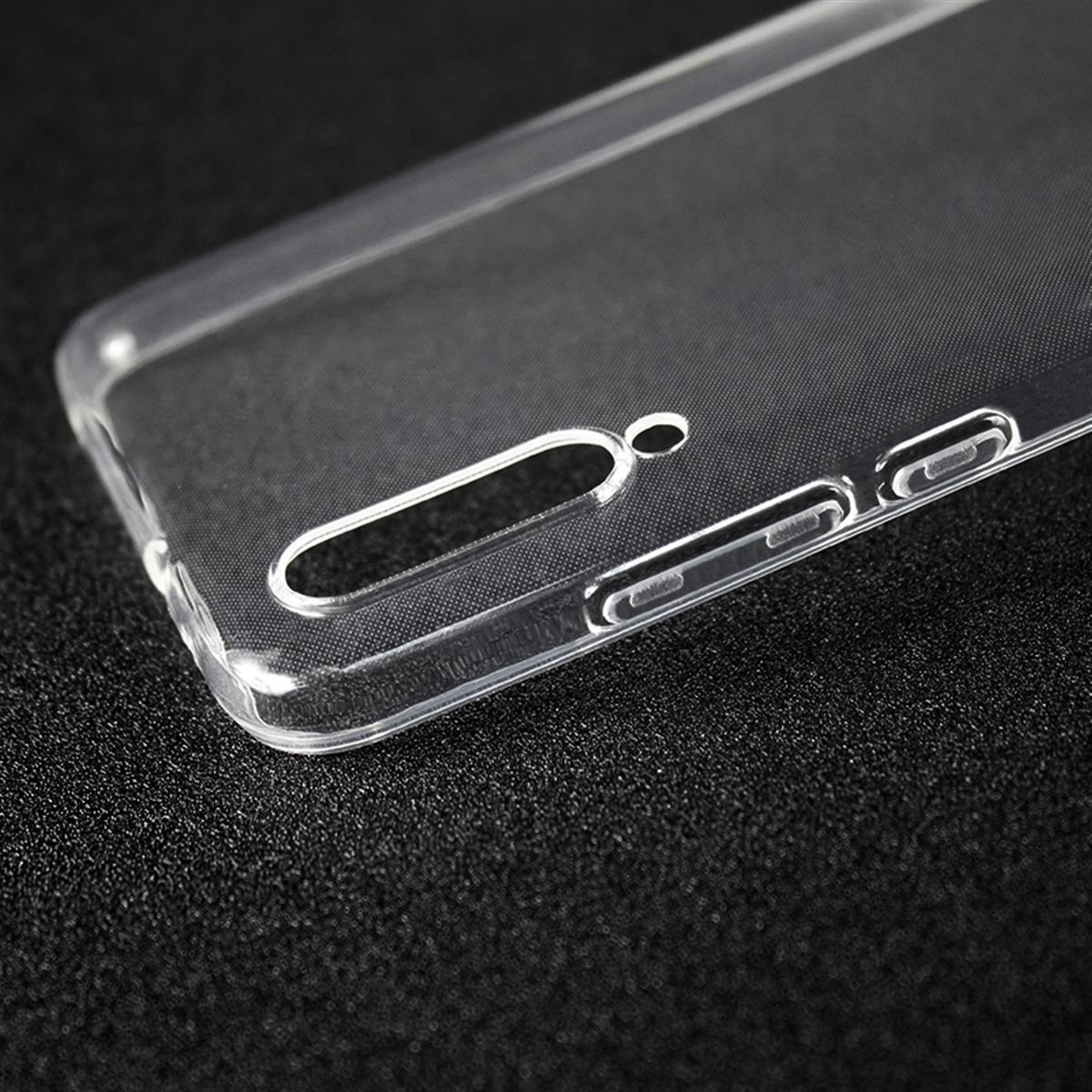 Transparente Handyhülle mit Öffnungen für Kamera und Anschlüsse. Auf dunkler Oberfläche.