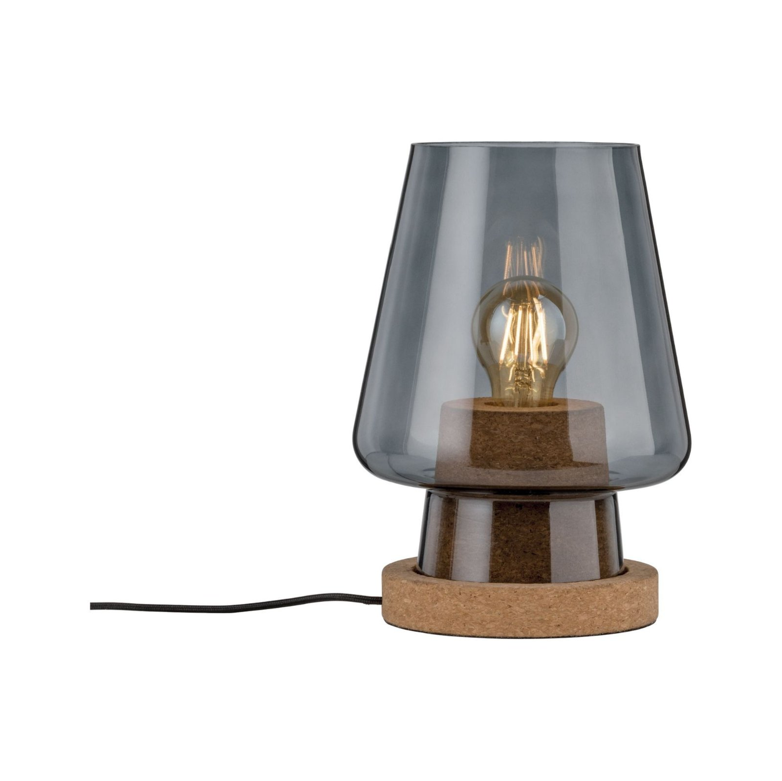 Lampada in vetro grigio con base in sughero e lampadina visibile.