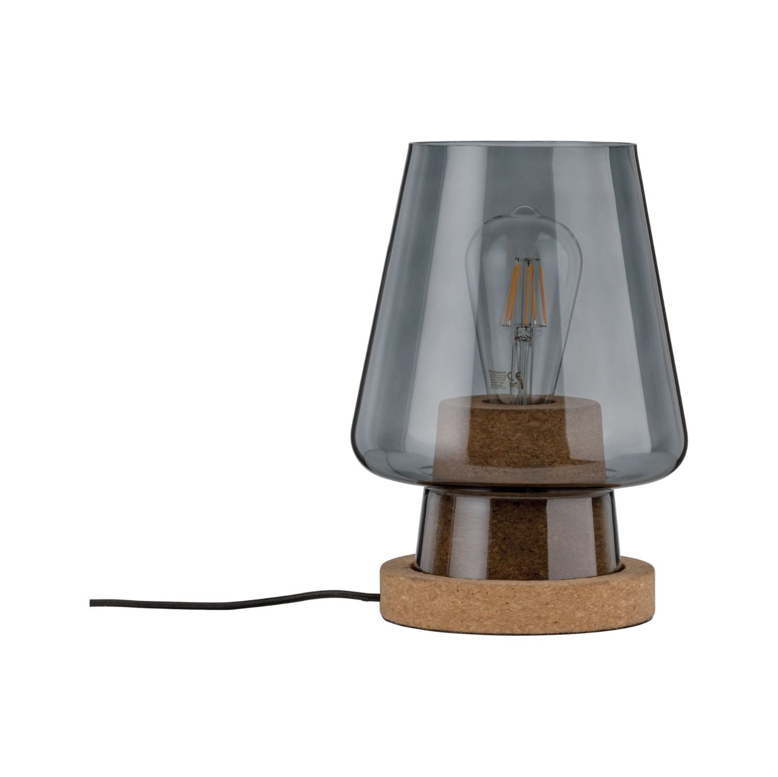 Una lampada in vetro grigio con base in sughero e una lampadina visibile su sfondo bianco.