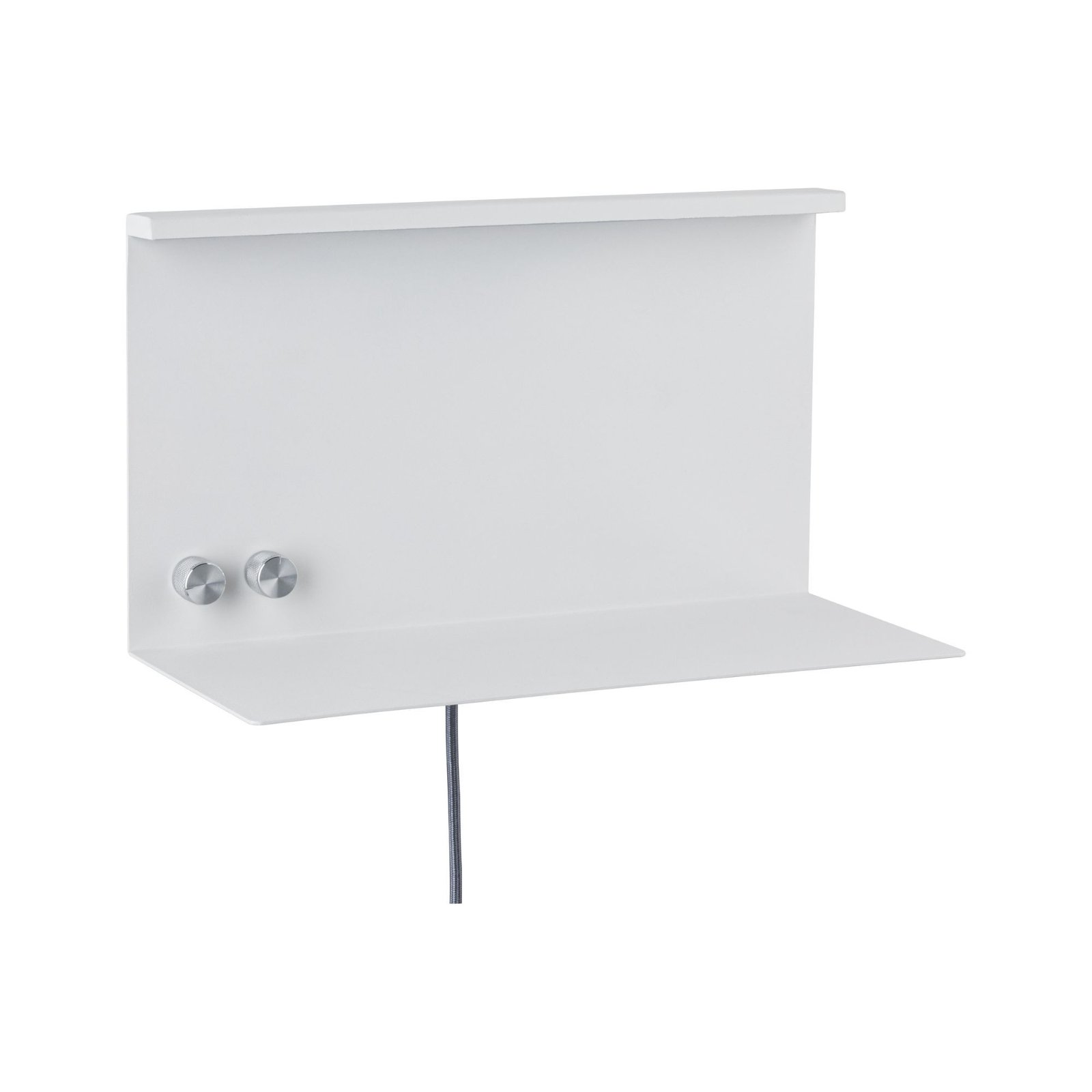 Weiße, minimalistische Wandleuchte mit zwei kreisförmigen Lichtern und einem Regal.