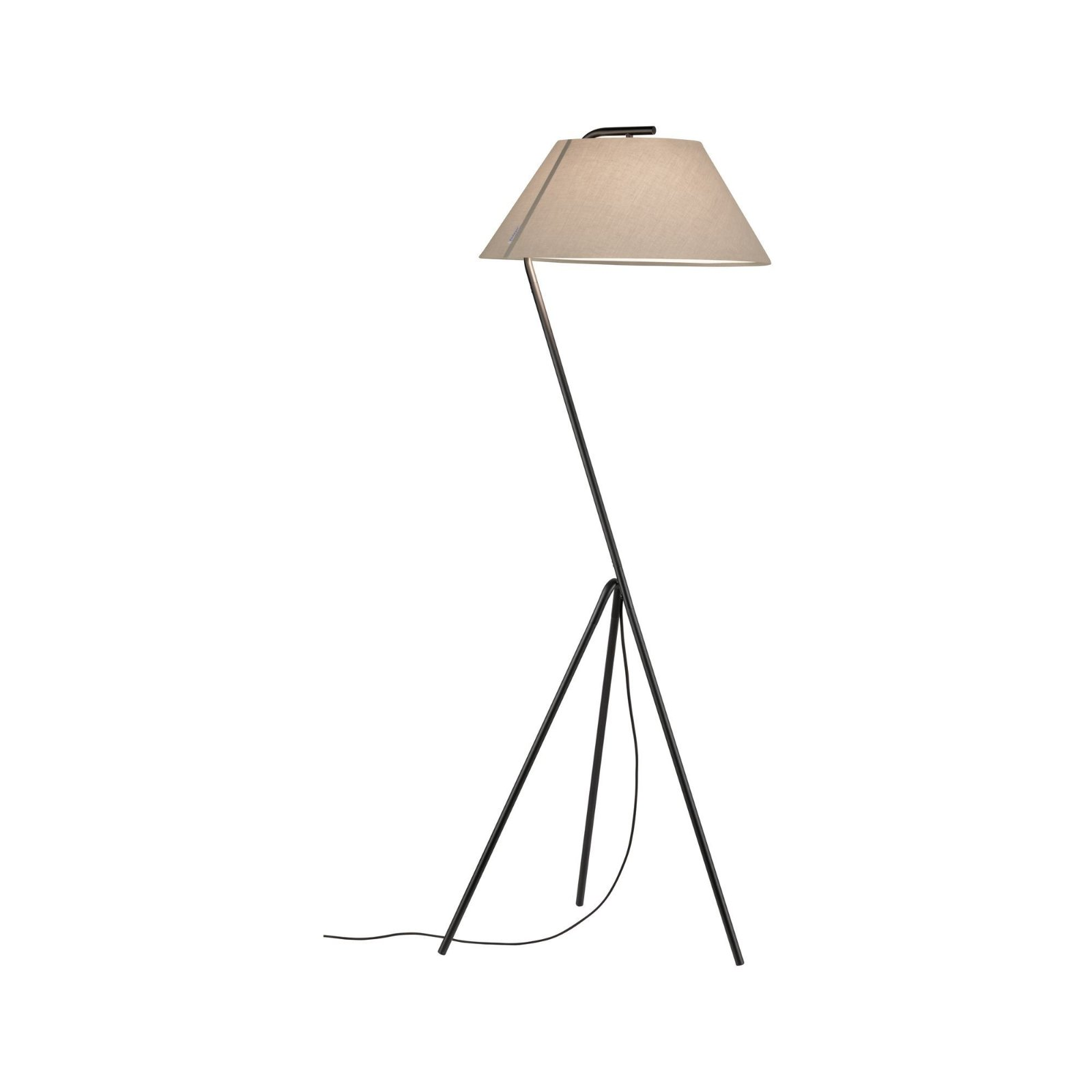 Stehlampe mit schwarzem Rahmen und beigem Lampenschirm, auf weißem Hintergrund.