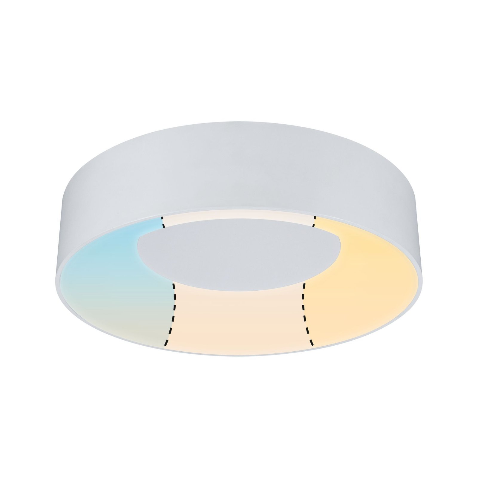 Lampada da soffitto bianca e rotonda con gradienti di colore. Sezioni di luce blu, gialla e bianca visibili.