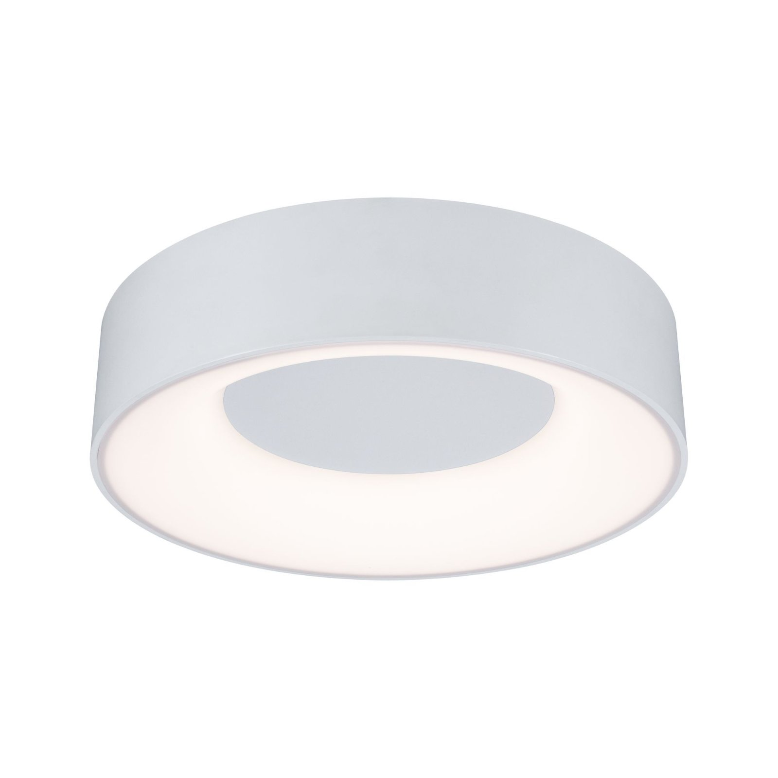 Una luce da soffitto a filo circolare bianca con centro incassato e sfondo bianco.