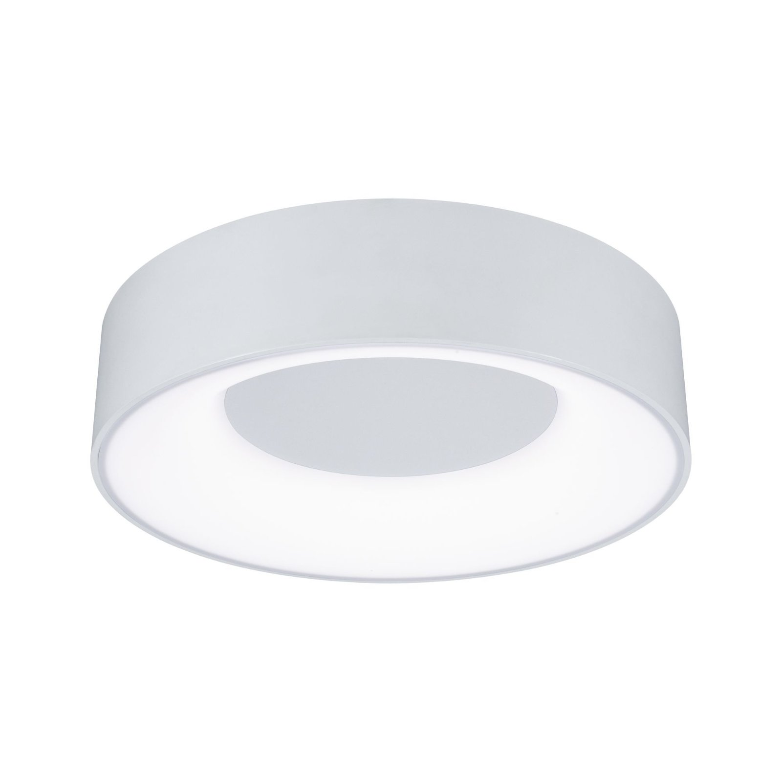 Una plafoniera bianca, circolare, con un anello centrale illuminato.