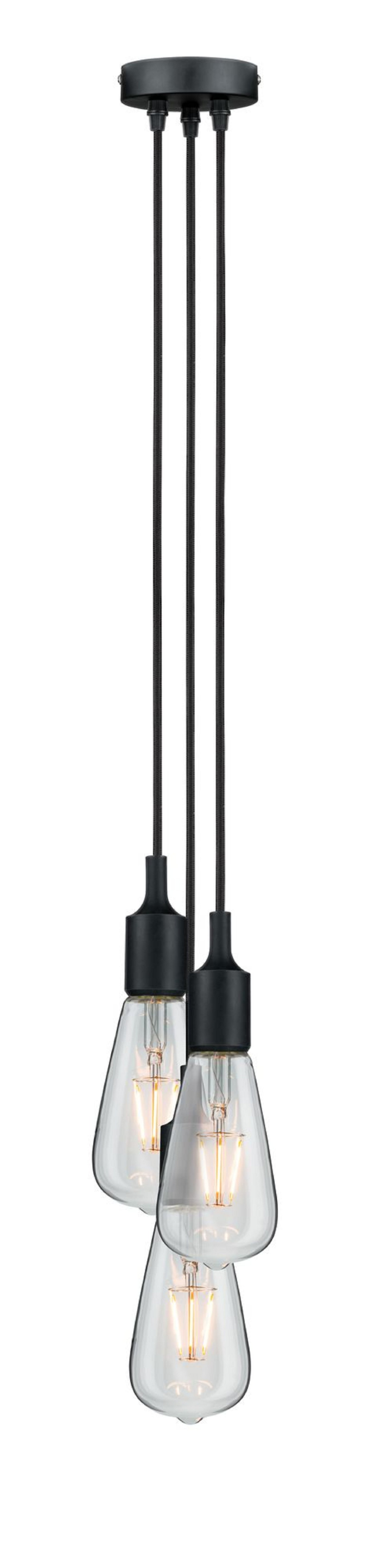 Trzy czarne i przezroczyste szklane lampy wiszące zwisające z białego sufitu.