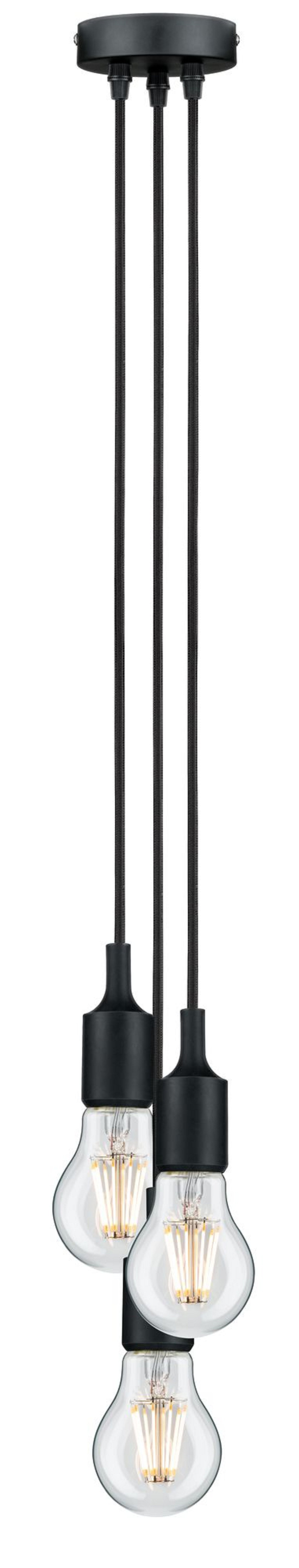 Trzy lampy wiszące z żarówkami Edisona, czarne, białe tło.