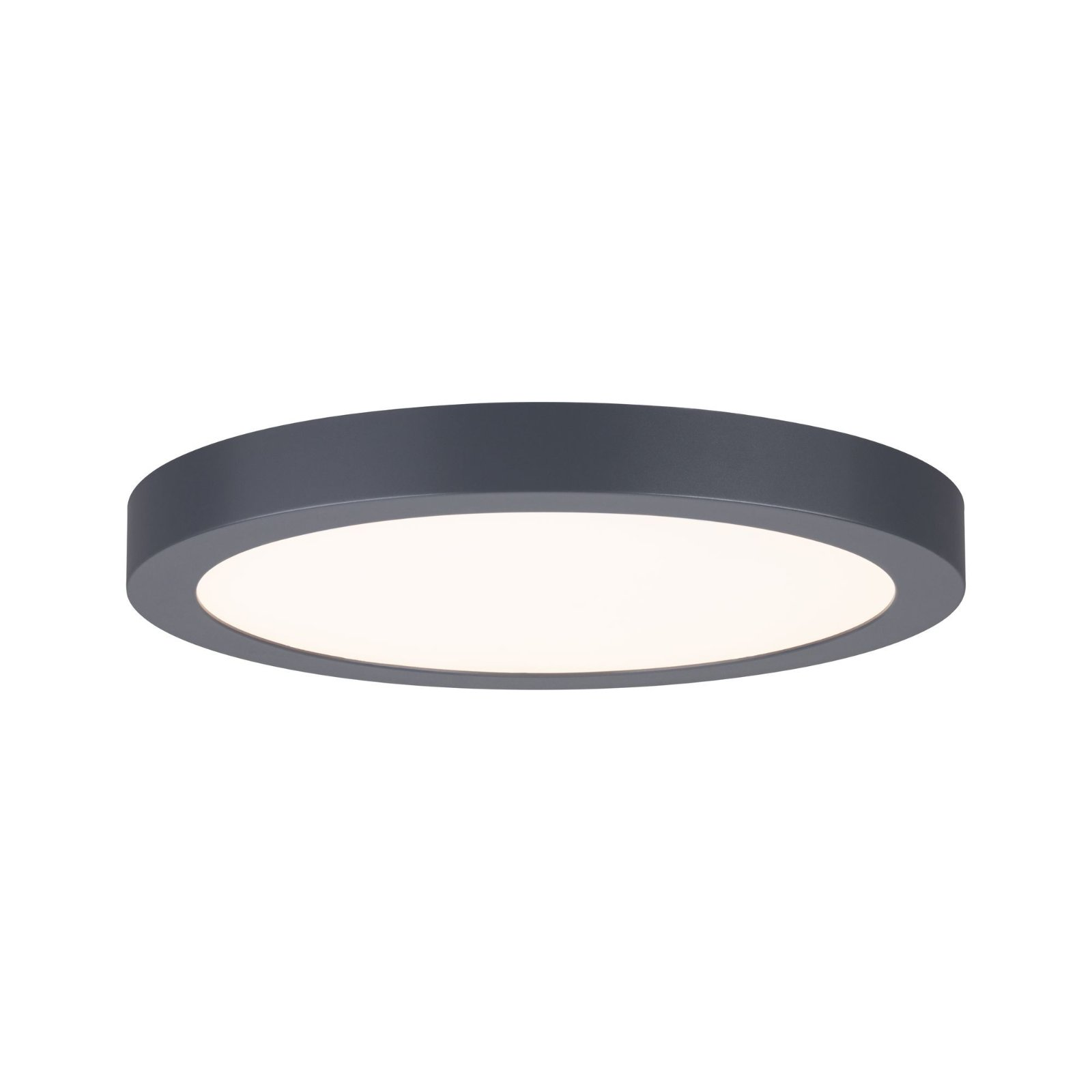 Lampada da soffitto rotonda e grigia. Ha un centro bianco ed è montata a filo del soffitto.