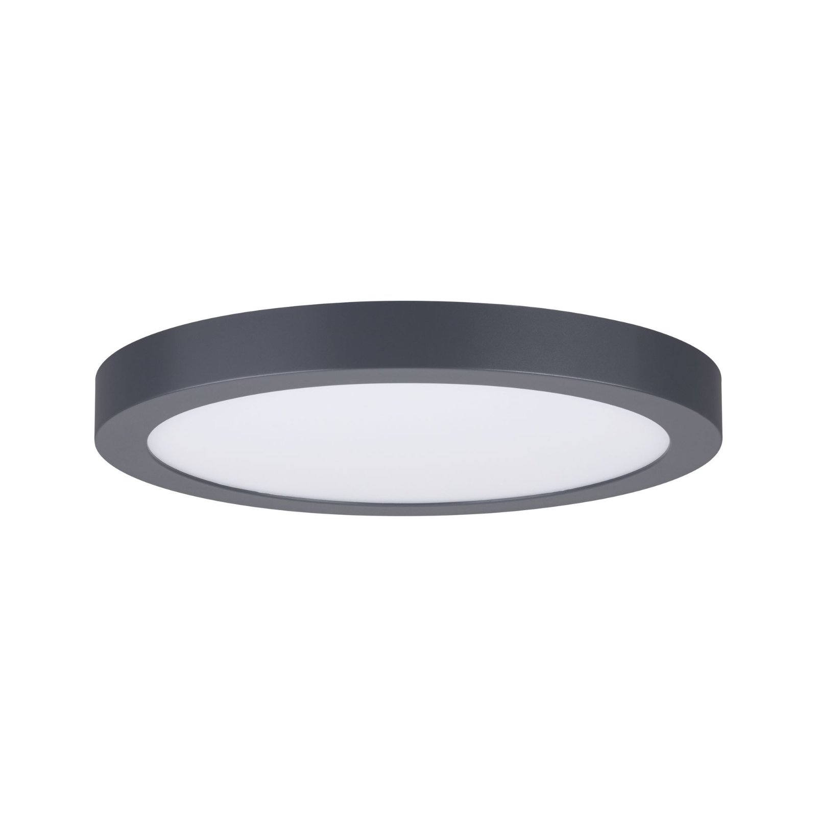 Apparecchio di illuminazione rotondo grigio. Luce bianca emessa dal centro.