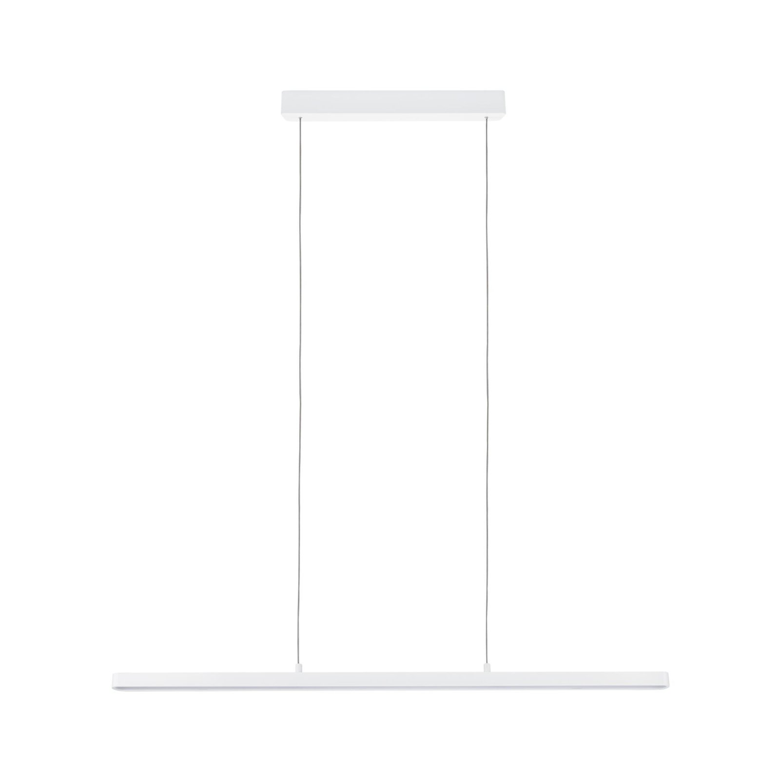 Lampada a sospensione bianca di forma rettangolare, appesa al soffitto.