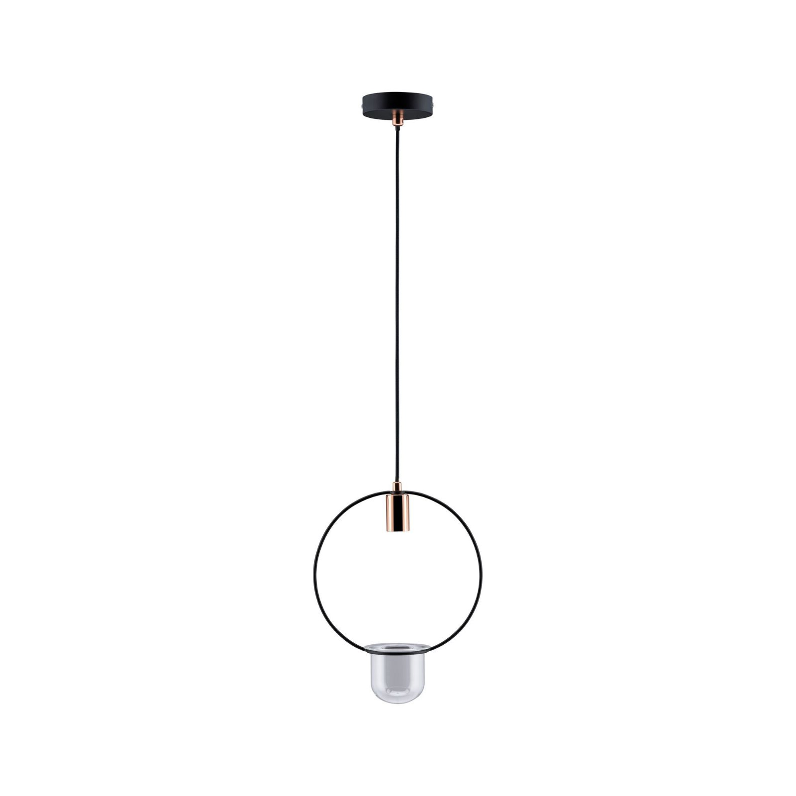 Czarna lampa sufitowa z pierścieniem, szklany klosz, białe tło.