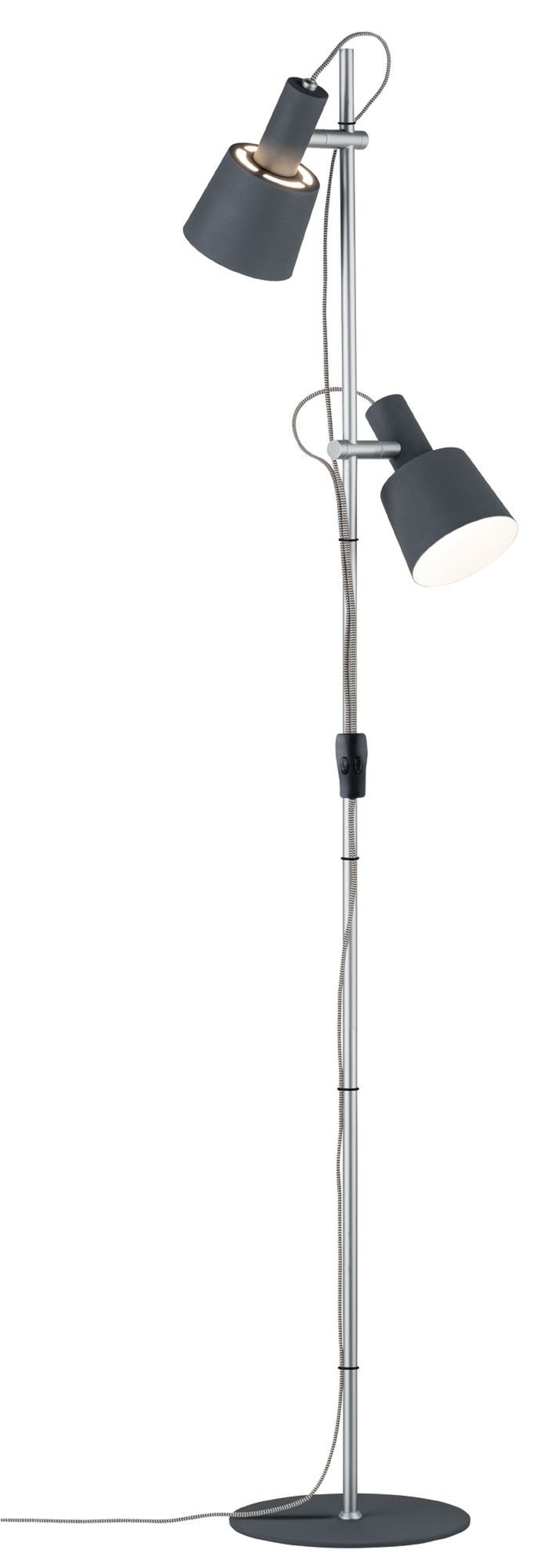 Wysoka lampa podłogowa z dwiema regulowanymi, ciemnoszarymi lampami.
