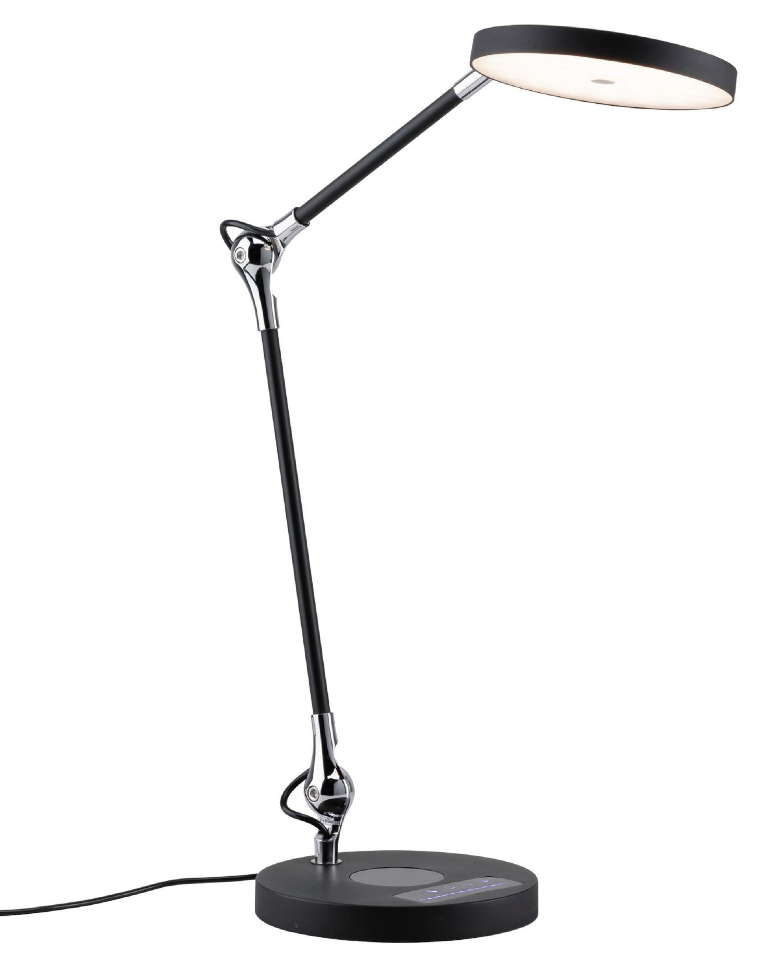 Eine Schreibtischlampe mit rundem Kopf, schwarzem Arm und schwarzem Fuß. Weißer Hintergrund.