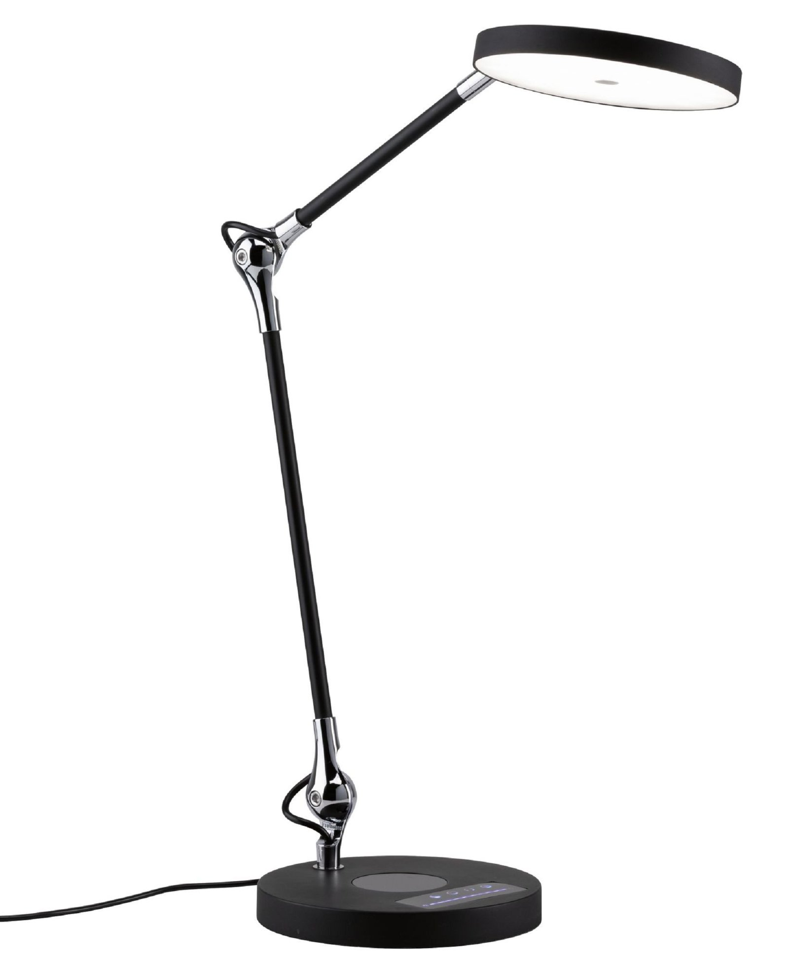 Eine schwarz-silberne Schreibtischlampe mit flachem, rundem Kopf und langem, beweglichem Arm.