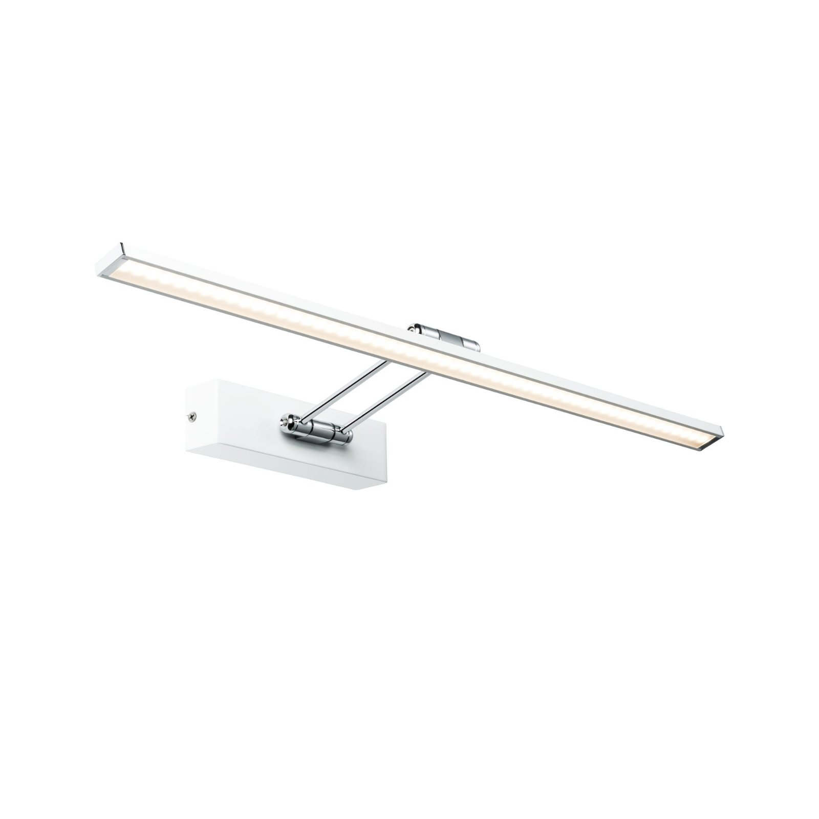 Weiße, wandmontierte Bildleuchte mit verstellbarem Arm und heller linearer Lichtquelle.