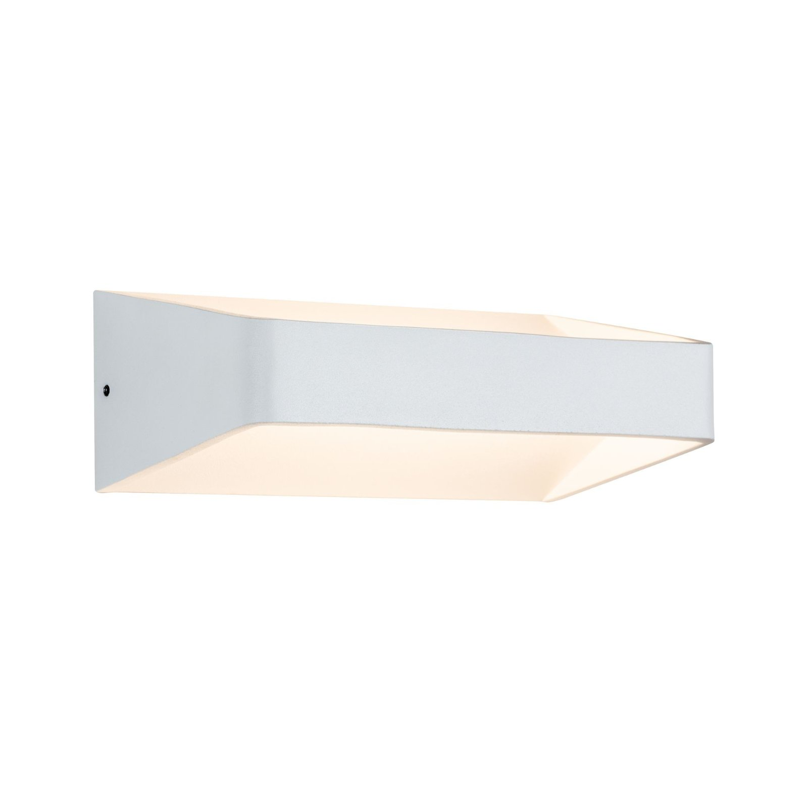 Eine weiße, angewinkelte Wandleuchte mit hellem weißem Licht auf weißem Hintergrund.