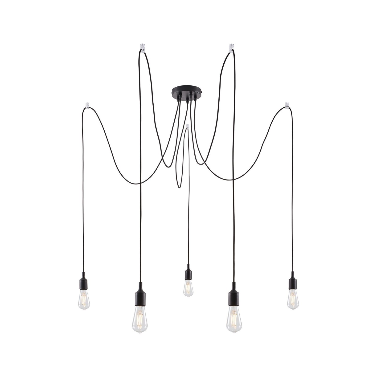 Lustre noir avec cinq ampoules suspendues au plafond.