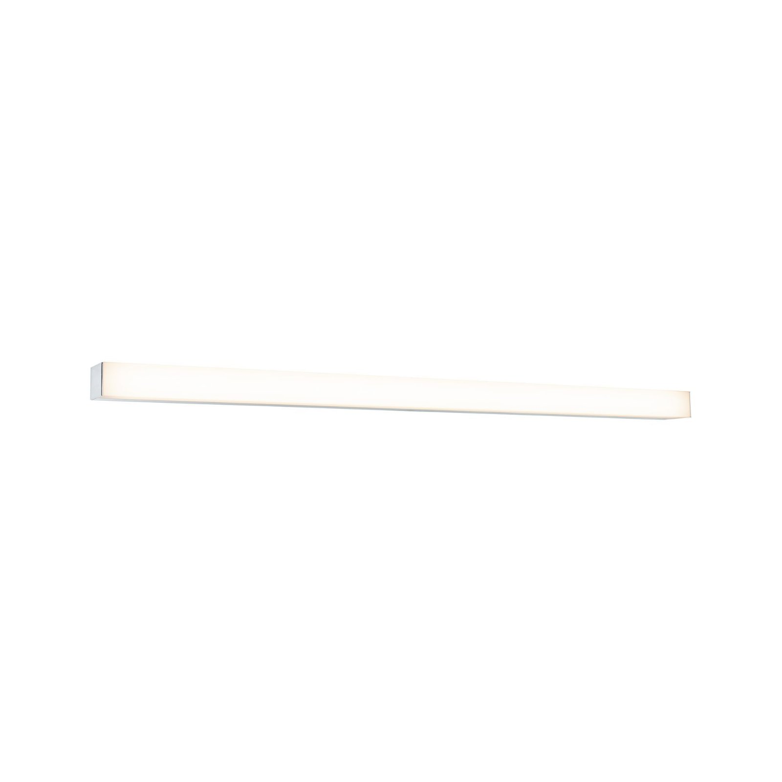 Un long luminaire linéaire blanc. Il est monté sur un fond blanc. La lumière est allumée.