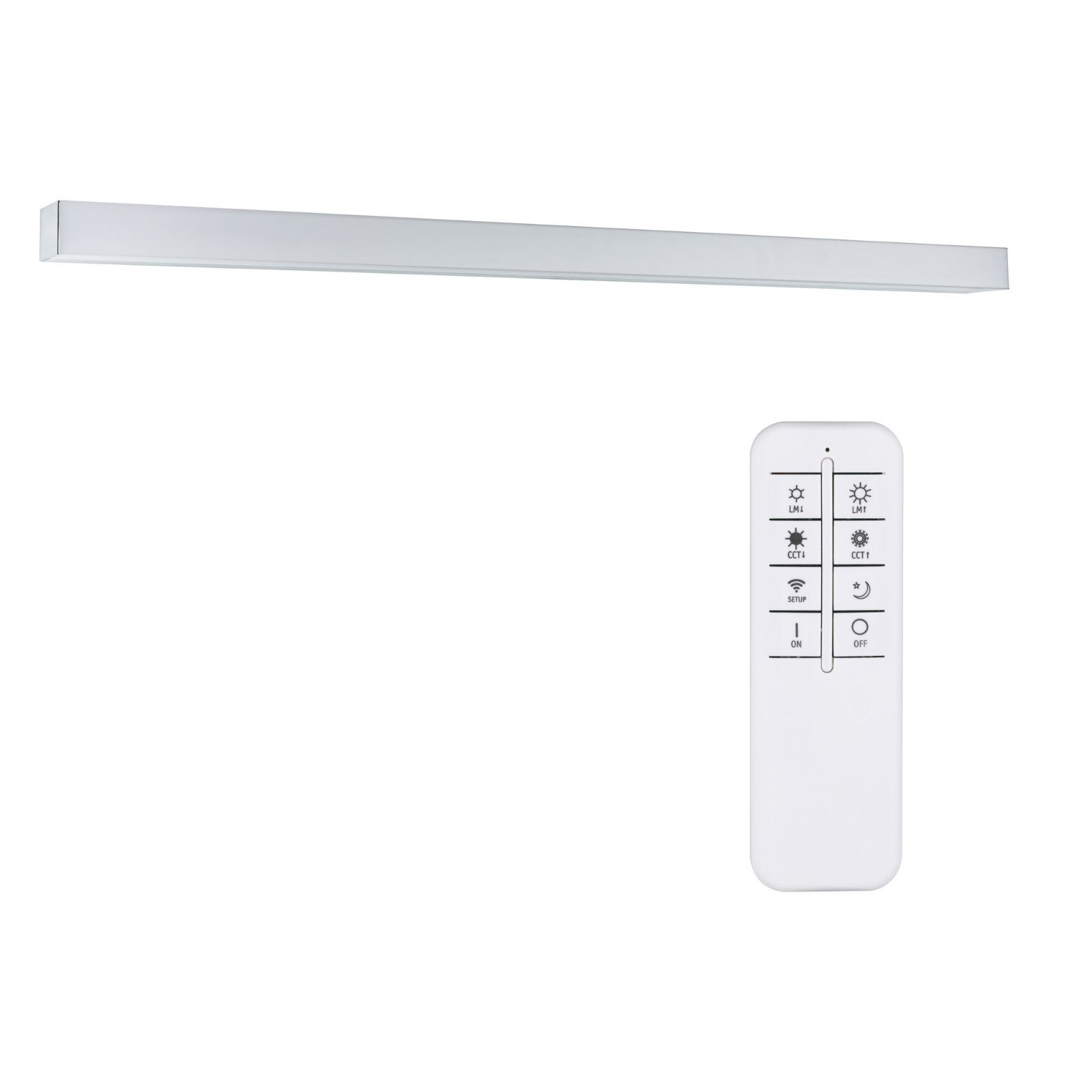 Longue barre lumineuse blanche et télécommande. La barre est droite et la télécommande blanche.