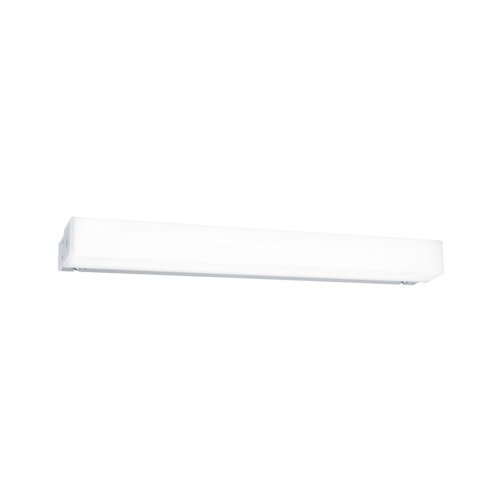 Eine lange, weiße LED-Leuchte, montiert auf weißem Hintergrund, schlichtes und modernes Design.