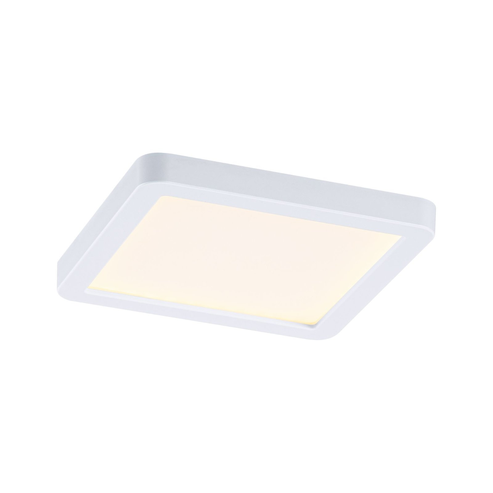 Quadratische weiße LED-Deckenleuchte, die weiches Licht aussendet.
