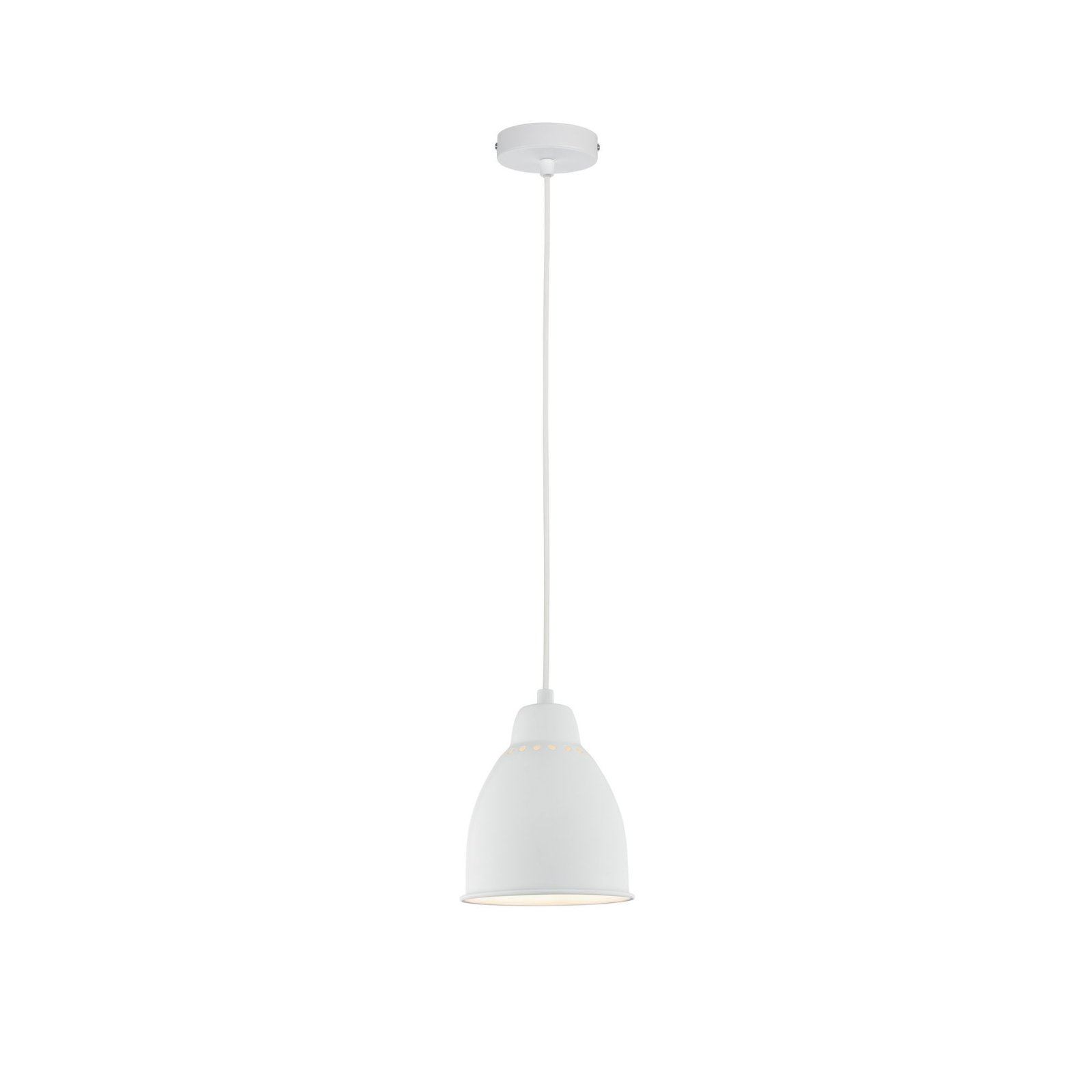 Lampada a sospensione bianca appesa al soffitto. Sfondo bianco.