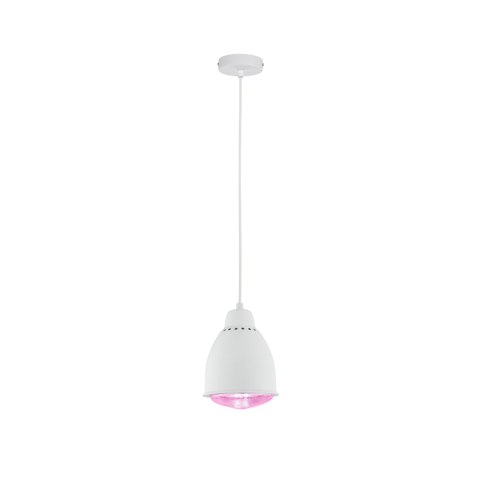 Lampada a sospensione bianca con paralume bianco e sorgente luminosa rosa.
