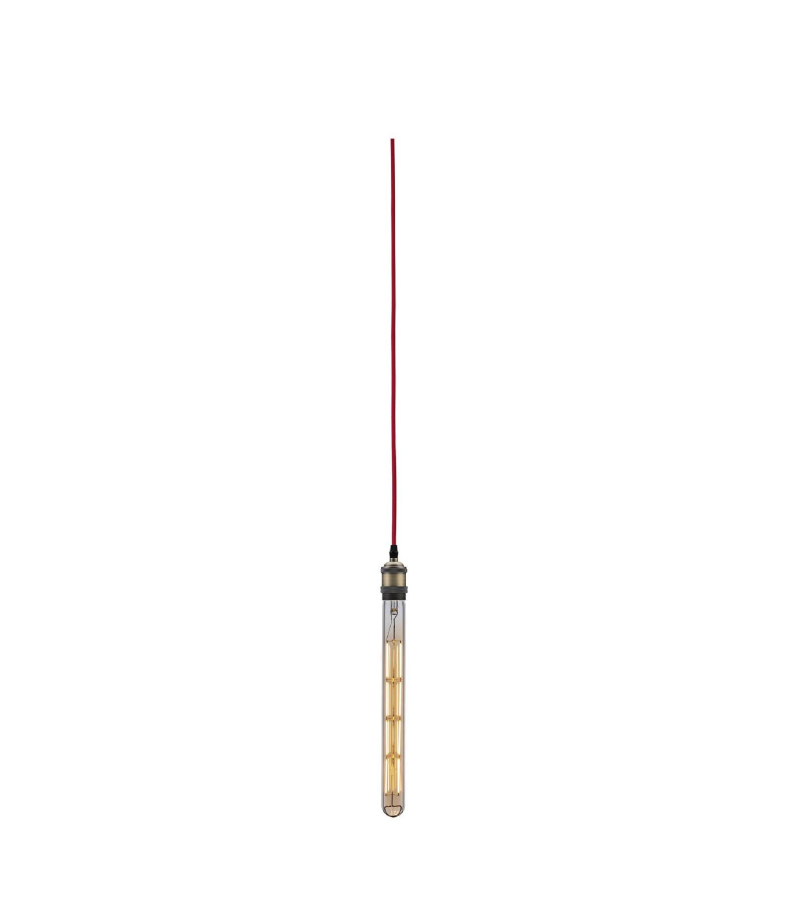 Una lámpara colgante con una bombilla cilíndrica transparente y un cable rojo, sobre un fondo blanco.