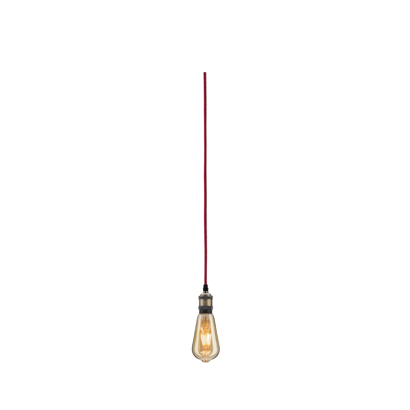 Una bombilla colgando de un cable rojo.