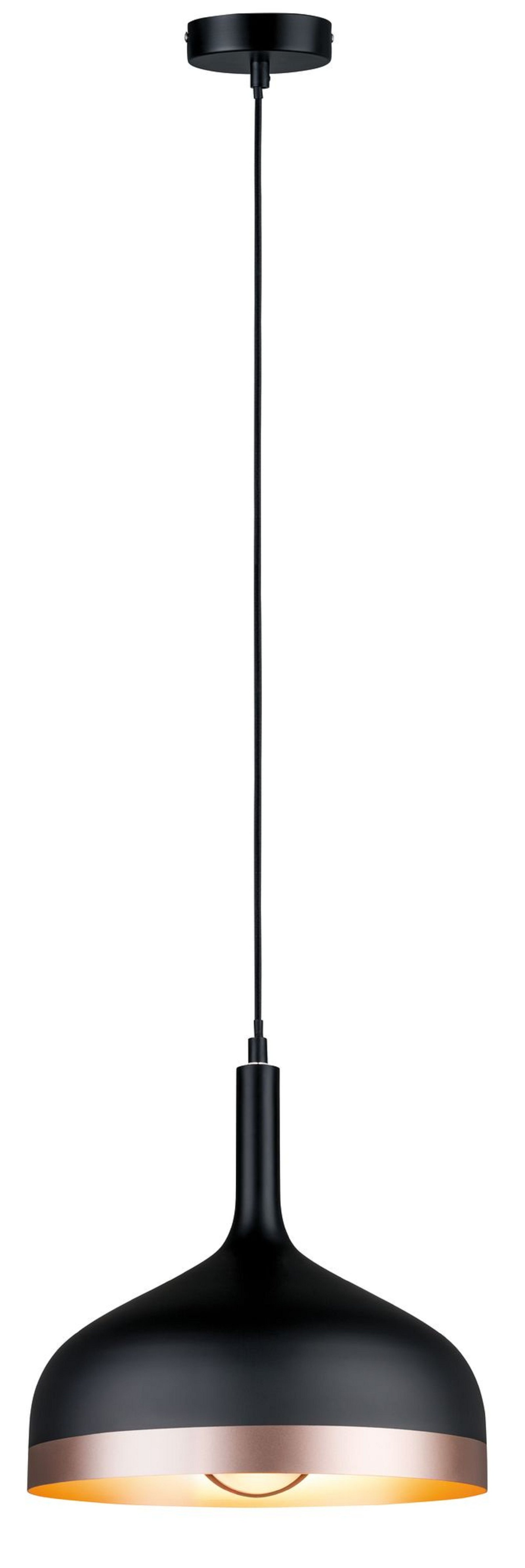 Schwarze Pendelleuchte mit kupferfarbenem Boden und langem schwarzem Kabel.