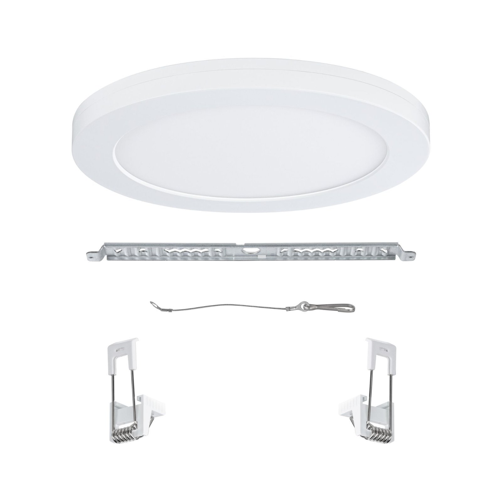 Białe elementy oprawy sufitowej, w tym światło, wspornik i przewody wiszące, na białym tle.