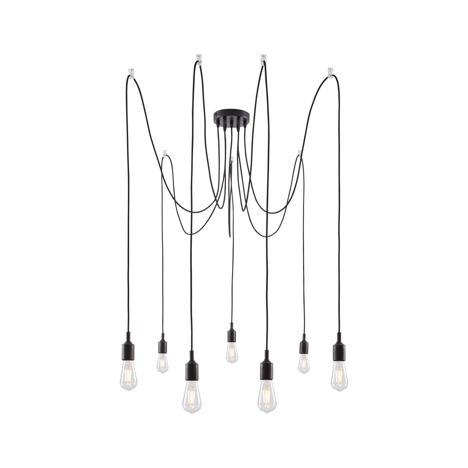 Un lustre avec de multiples fils noirs et ampoules.