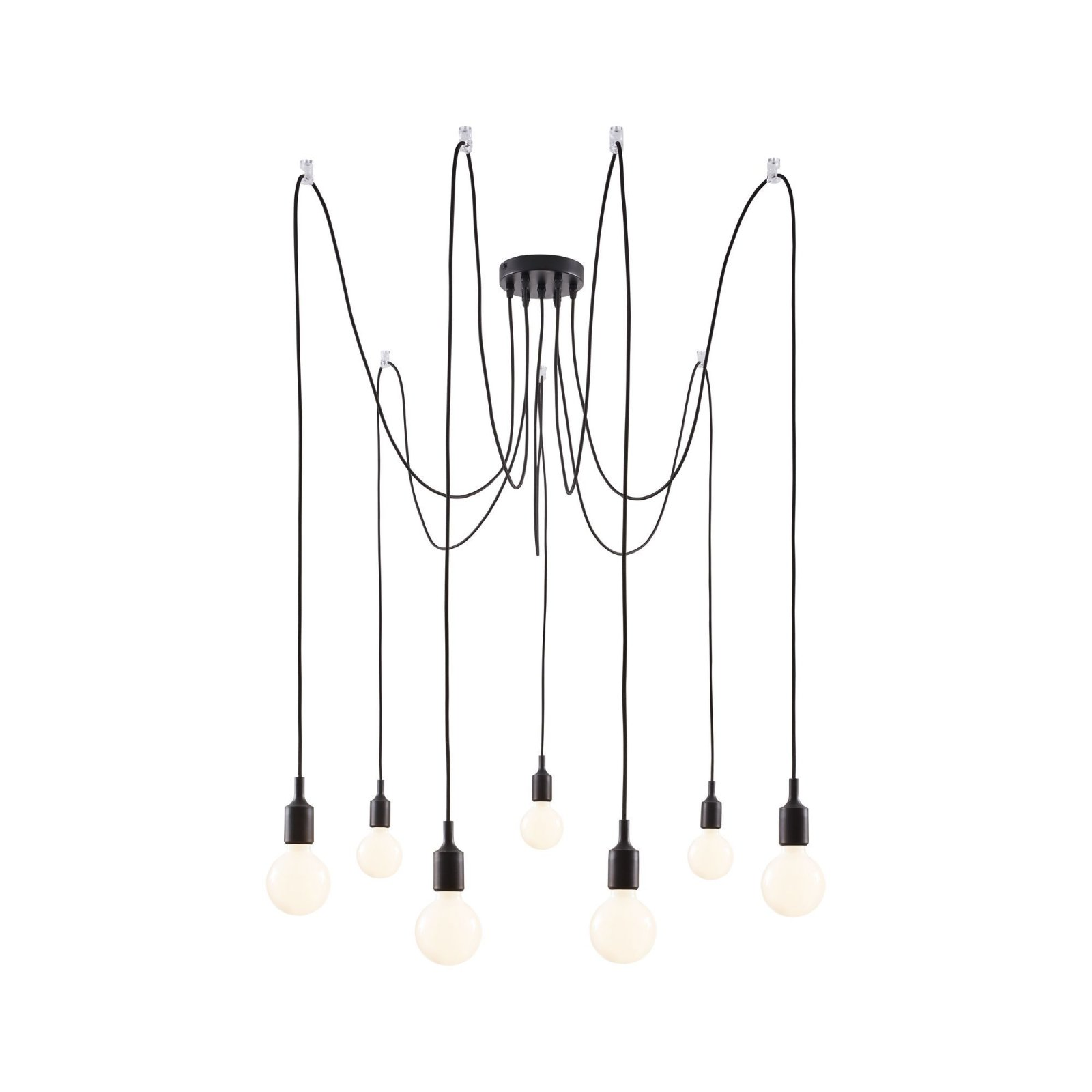Un lustre noir avec huit ampoules suspendues au plafond.
