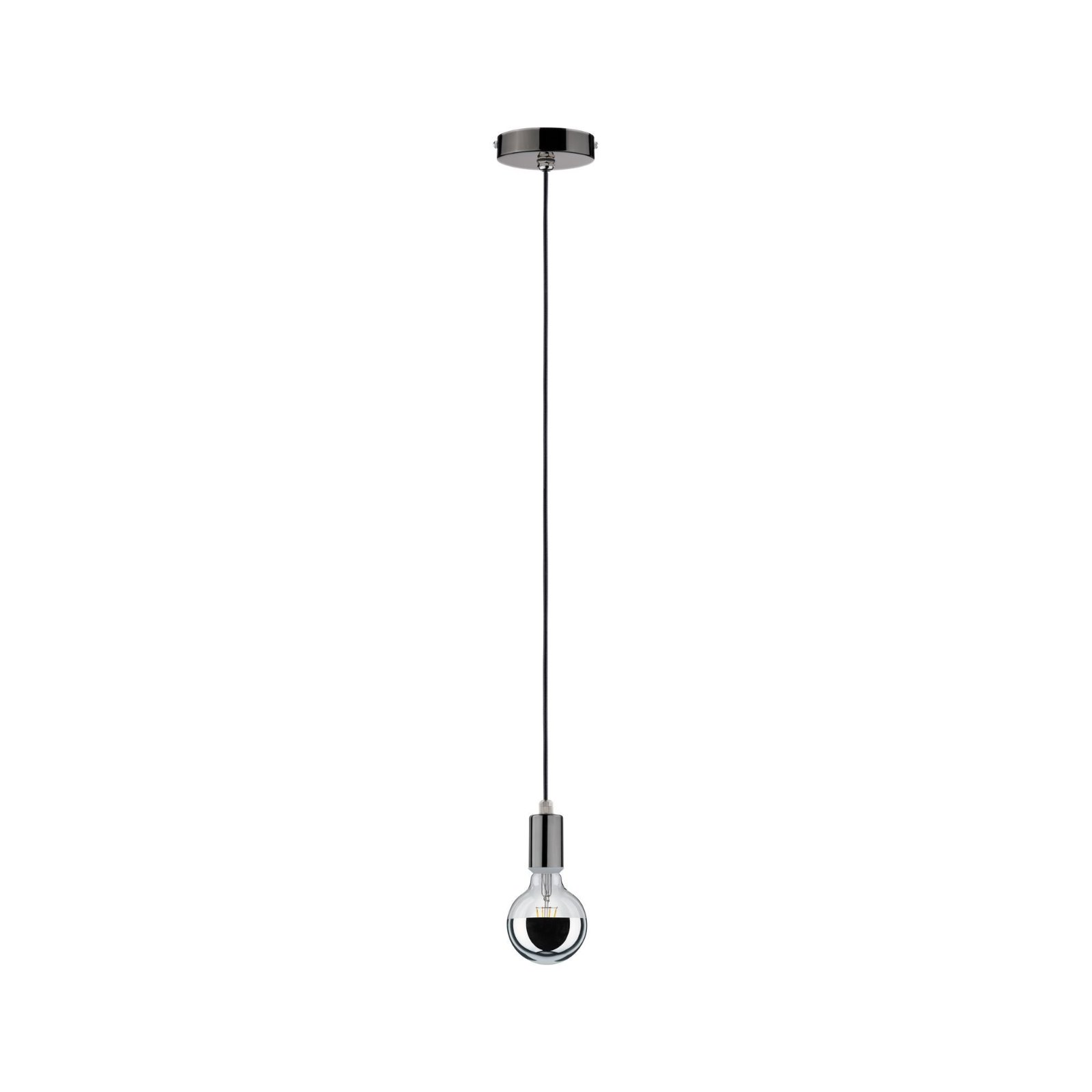 Schwarze Hängelampe mit klarer Glühbirne. Schwarzes Kabel. Weißer Hintergrund.