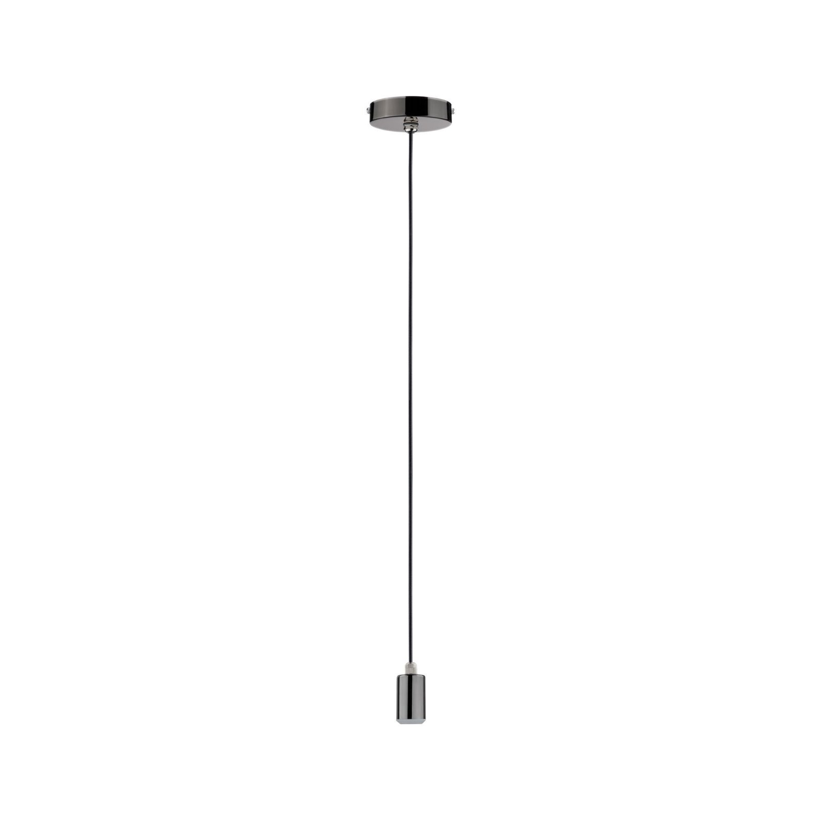 Eine einzelne Pendelleuchte mit schwarzem Kabel und Chromausführung.