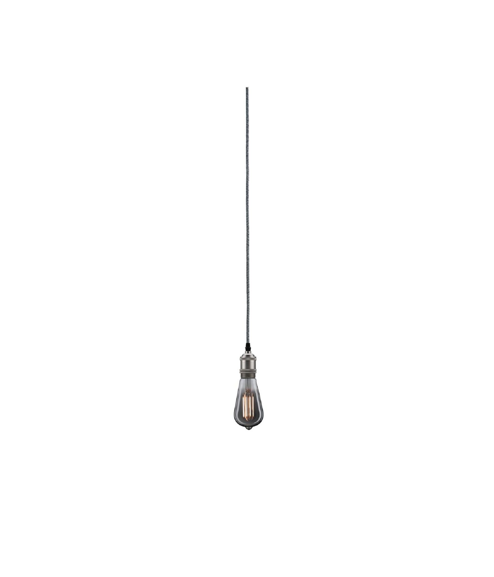 Pendelleuchte mit grauem Kabel und Glühbirne im Vintage-Stil.