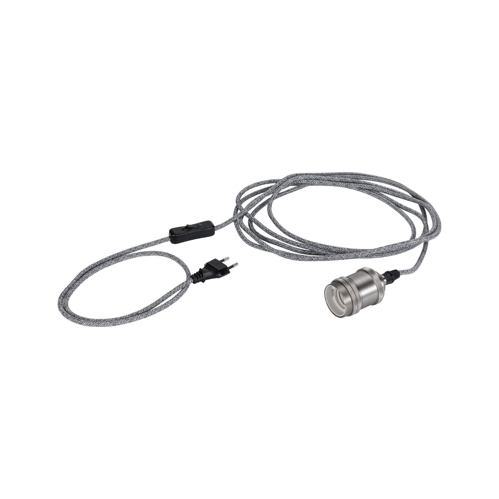 Ein grau-schwarzes Elektrokabel mit Stecker, Schalter und Lampenfassung.