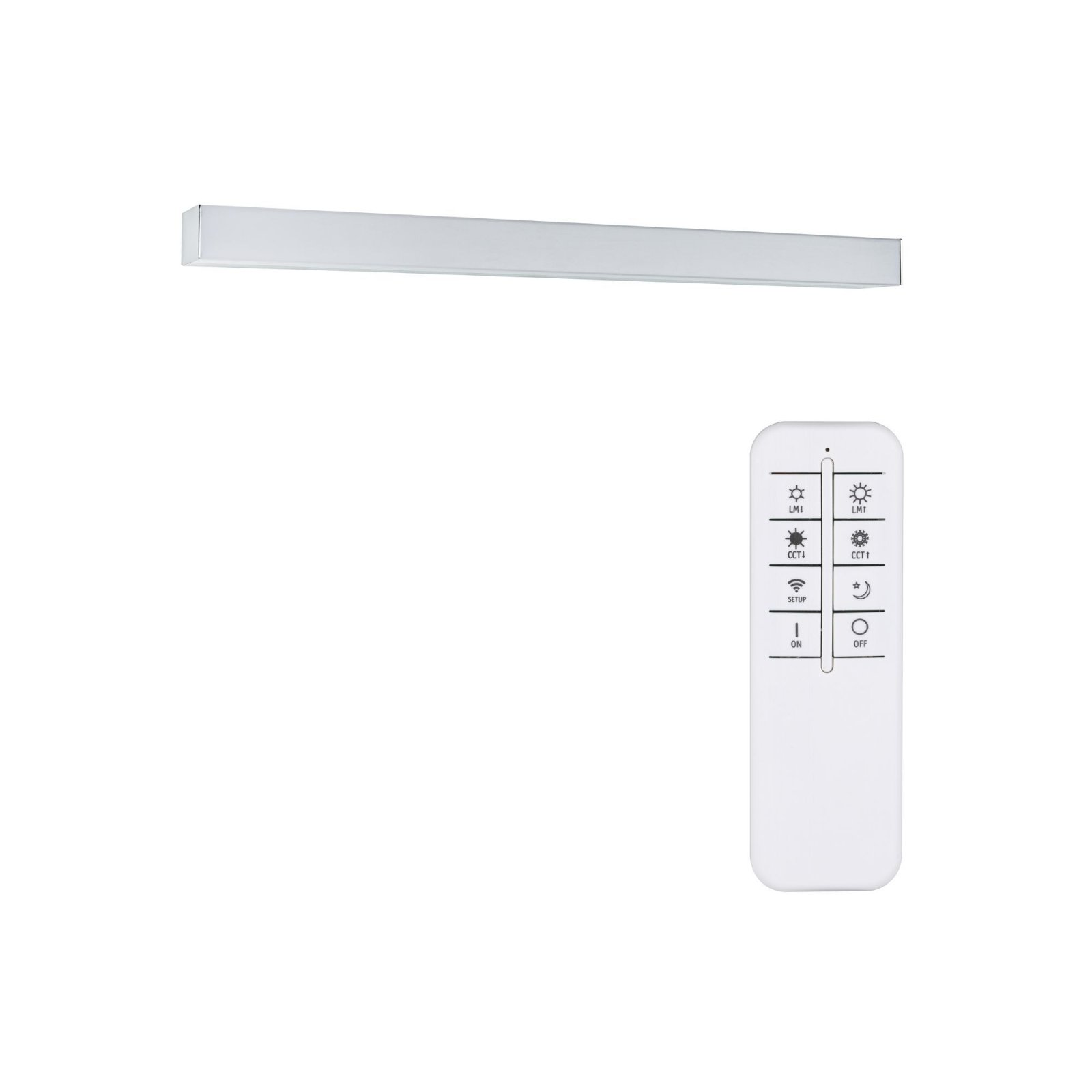 Eine lange, weiße LED-Lichtleiste mit Fernbedienung, beides auf weißem Hintergrund.