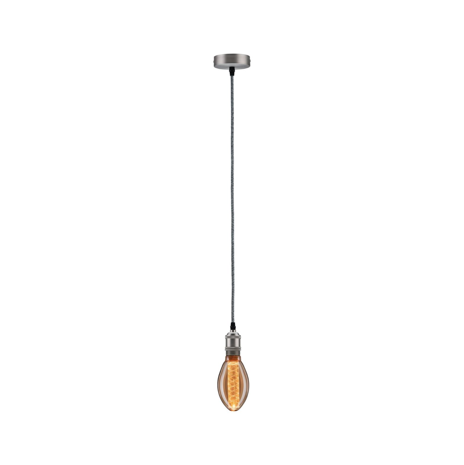 Eine Hängeleuchte mit einer Vintage-Edison-Glühbirne hängt vor weißem Hintergrund.