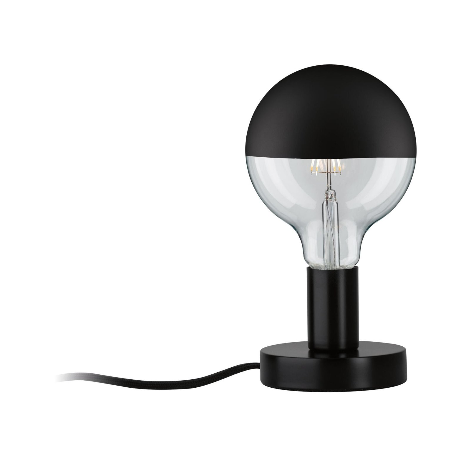 Czarna lampa stołowa z przezroczystą szklaną żarówką i czarną podstawą.