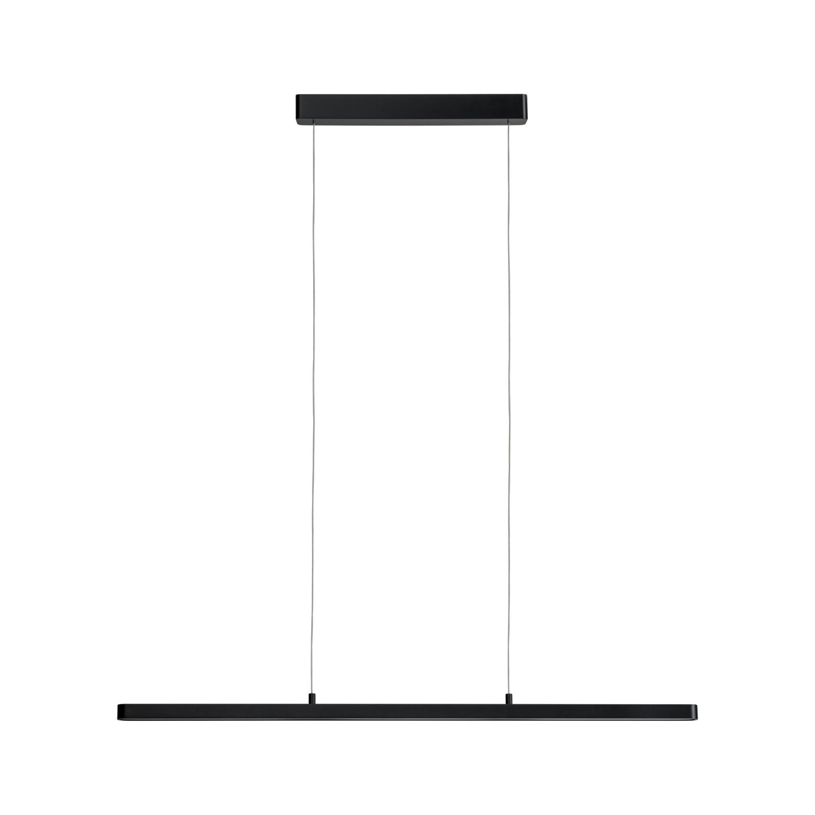Lange schwarze Hängeleuchte, weißer Hintergrund.