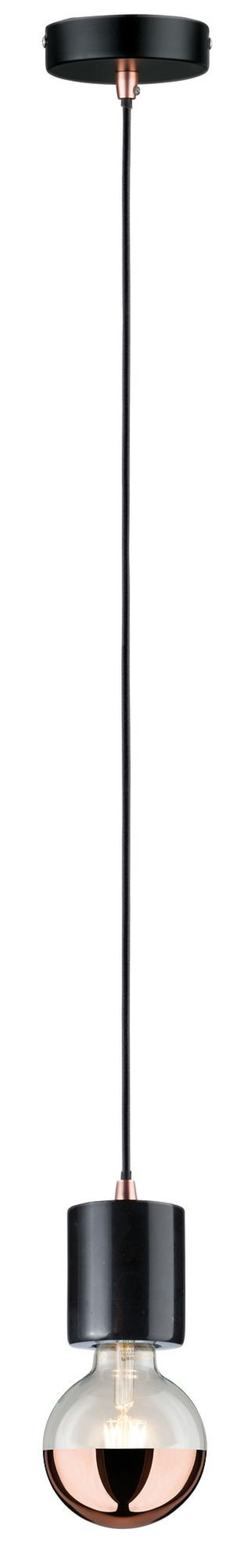 Lampada a sospensione nera con lampadina color rame e cavo nero.