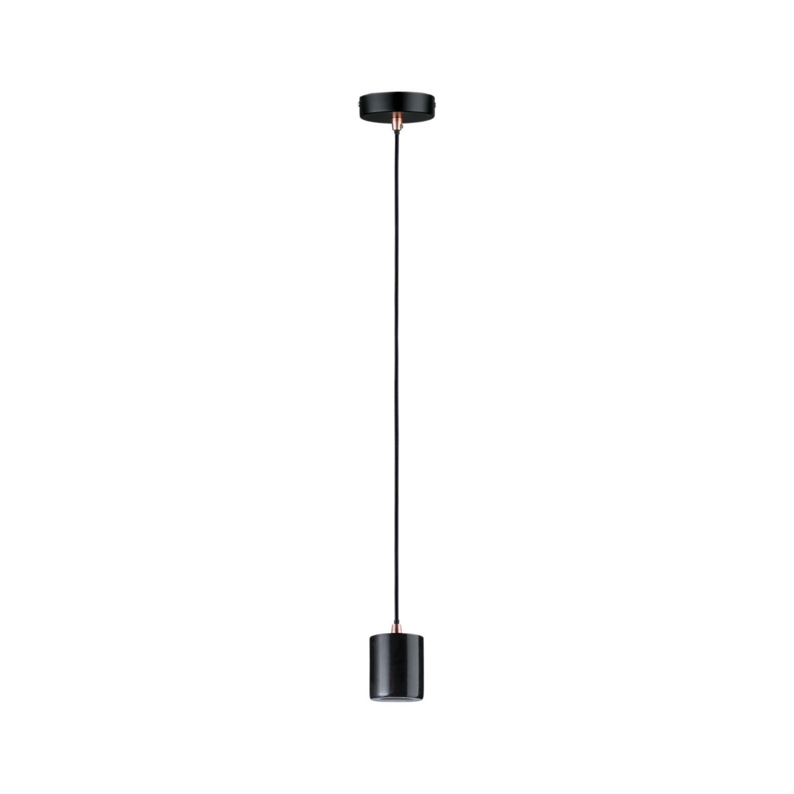 Lampada a sospensione cilindrica nera appesa al soffitto.