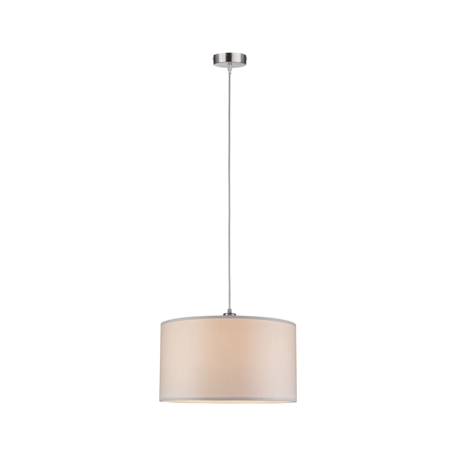 Lampa wisząca z beżowym cylindrycznym kloszem, wisząca z sufitu, prosty design.