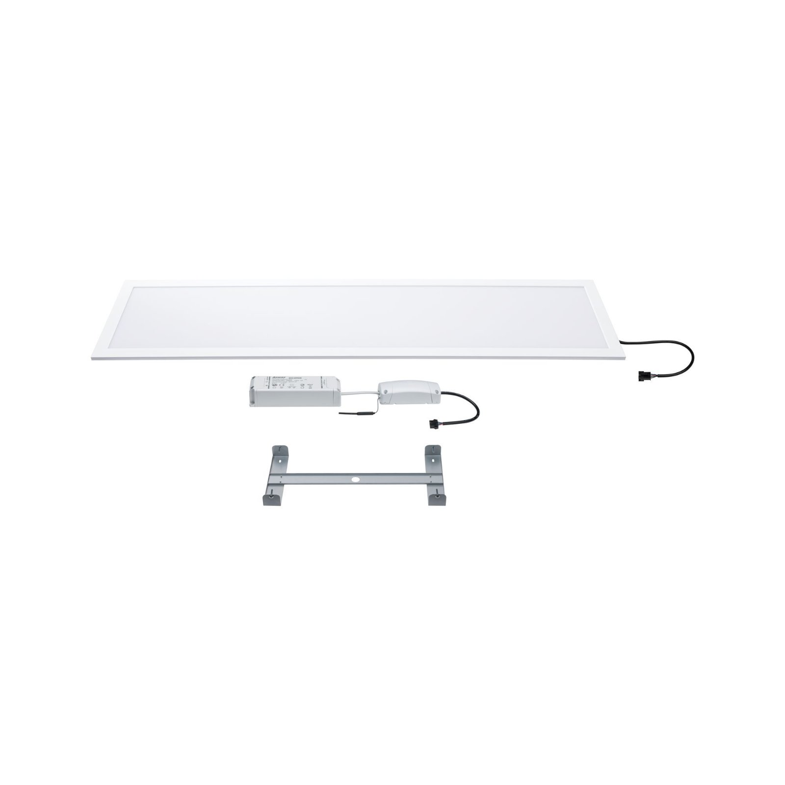 Biały panel LED z zasilaczem i osprzętem montażowym.