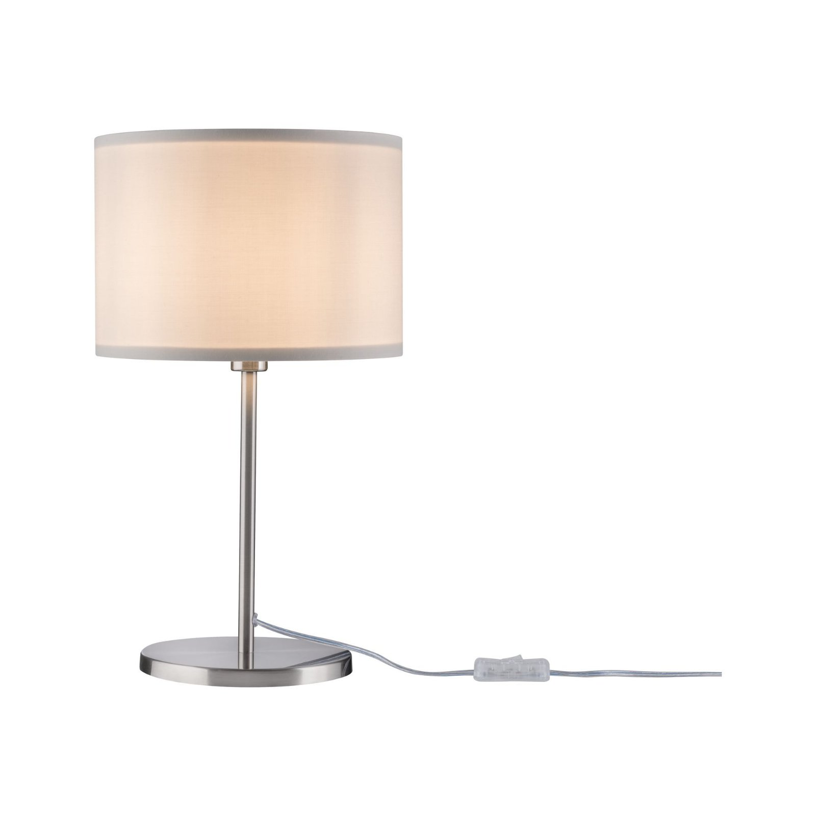 Lampa stołowa z białym abażurem na białym tle.